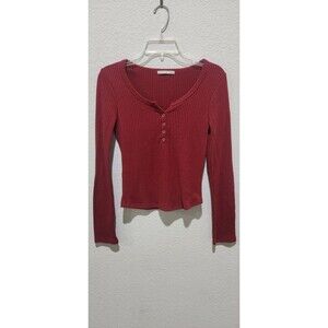 Active USA Womens Medium Red Ribbed Henley Long Sleeve Stretch Casual Top